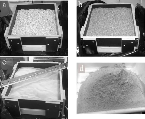 Figure 4.1: Typical road materials used for the tests: (a) A1 gravel; (b) A2 coarse  sand; (c) A3 fine sand; (d) bentonite clay