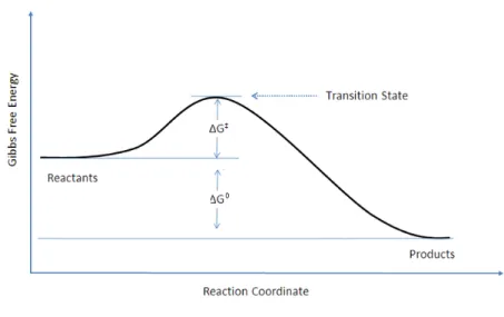 Figure 1.3: Free energy profile along the reaction coordinate in the Transition State Theory for chemical reactions