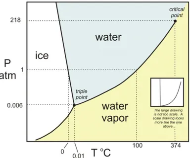 Figure 2.2: Phase diagram of the stable phases of water in the P − T plane.