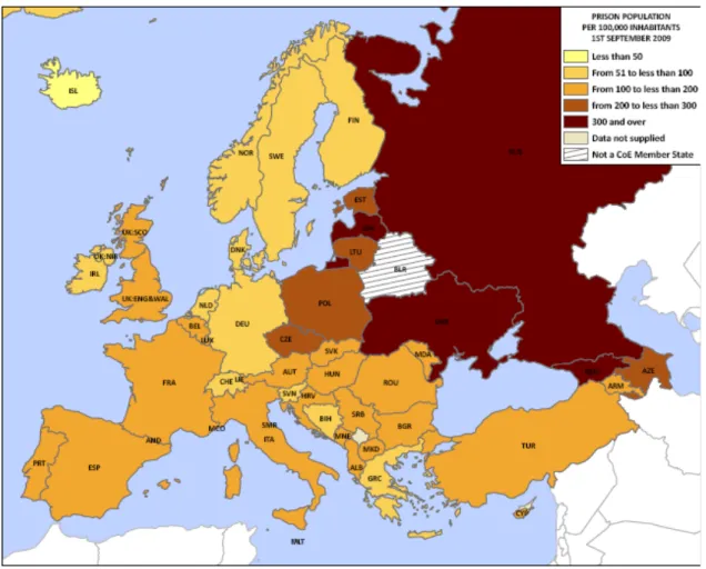 Figura 1 – Distribuzione dei tassi di carcerazione nei Paesi membri del Consiglio d’Europa