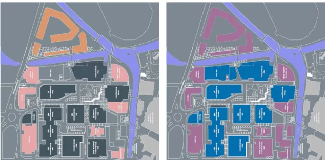 Fig. 3.2.7 Schema mix funzionale. In arancio il comparto  residenze; in blu il comparto direzionale; in rosa i servizi.