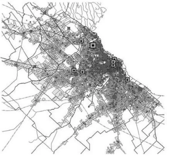 Figura 13. Le principali centralità urbane e sub urbane RMBA.  (Fonte Vecslir L., Ciccolella P., 2011)