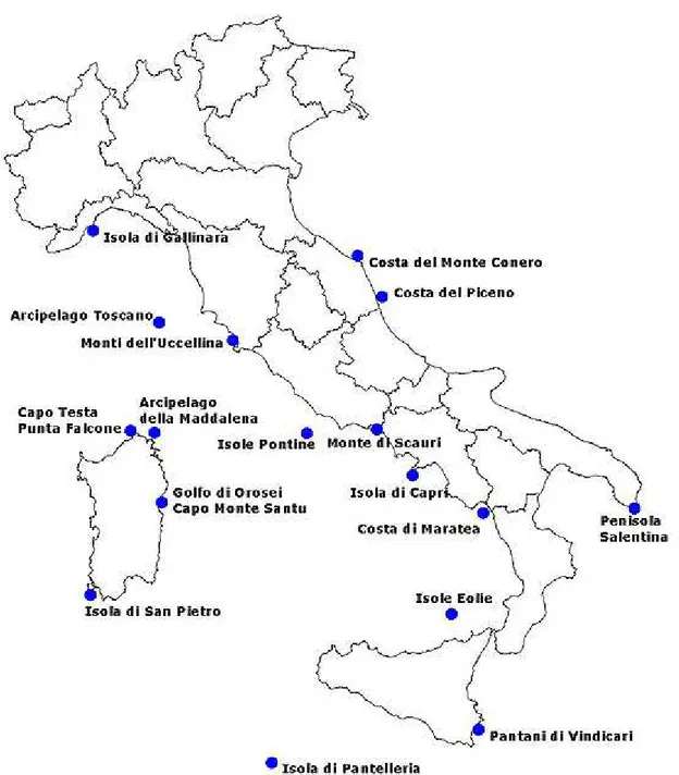 Figura 2: Il quadro geografico delle aree marine protette (A.M.P.) italiano 