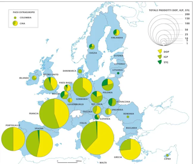 Fig 3.1 – Cartogramma della distribuzione dei prodotti tutelati a marchio europeo DOP,  IGP, STG