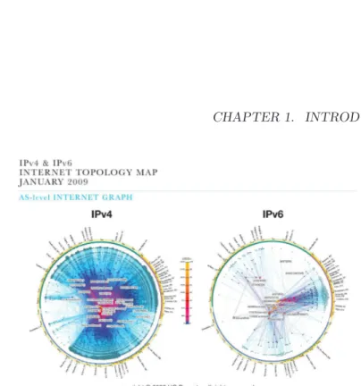 Figure 1.1: This visualization represents macroscopic snapshots of IPv4 and IPv6 Internet topology samples captured in January 2009