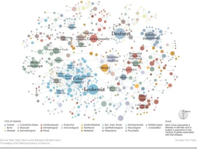 Figure 1.3: The map of the human diseases networks (HDN). Round nodes represent genetic disorders, square nodes are genes and a link between a square and round nodes is drawn if the gene is considered responsible for the disorder