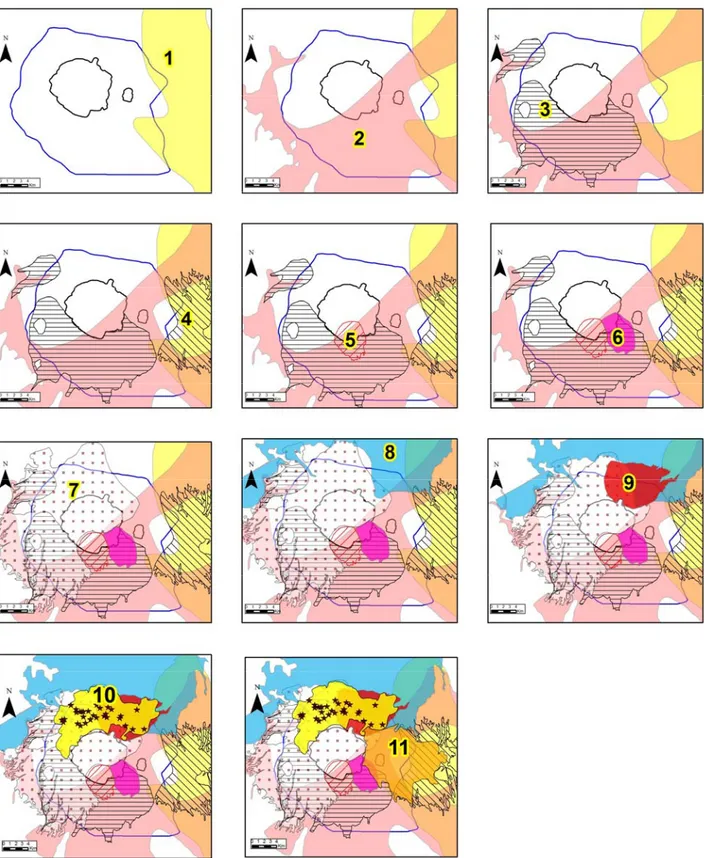 Figure 2.18: Extension of main volcanic deposits in the study area, following time scale from older to more  recent units: 1.TGT (Yellow Tiberina Tuff); 2.TRSNS (Sabatini Red tuff with black scoria); 3.LP-TRSNS  (lava post TRSNS); 4.TGS (Sacrofano yellow t