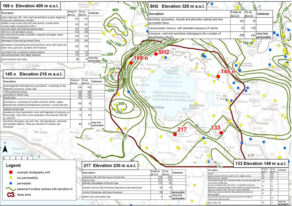 Figure 2.19: Main hydraulic discontinuity surface map and location of the stratigraphy logs analyzed