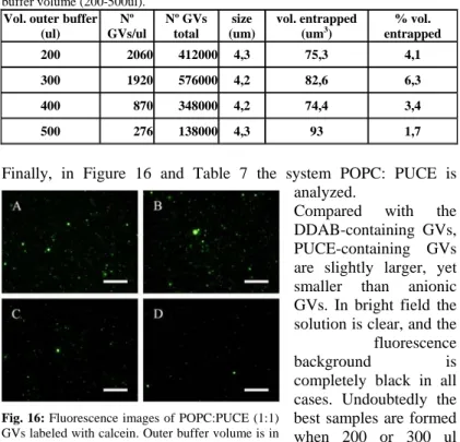 Tab. 6: Image analysis results about POPC:DDAB GVs obtained with different outer  buffer volume (200-500ul)