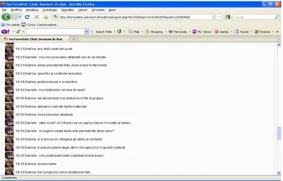 Figura  4.  Esempio  di  chat  del  gruppo  Chaplin  (corso  di  Tecniche  della                    Formazione a distanza)