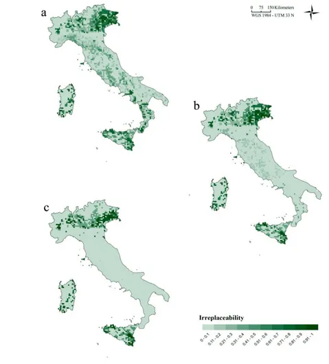 Figure  6  -  Current  irreplaceability  patterns  They  were  calculated  by  considering  a)  no  pre-existent  protected  areas,  b)  nationally  designed  protected  areas,  c)  all  the  protected  areas  network  comprising  Natura  2000  sites 