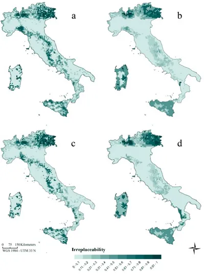 Figure  7  -  Future  conservation  values  of  the  Italian  territory  for  amphibians  Irreplaceability  values  were  calculated  considering  all  cells  as  unreserved,  according  to  two  emission  scenarios  (A1FI:  a  and  b  and  B1:  c  and d) 