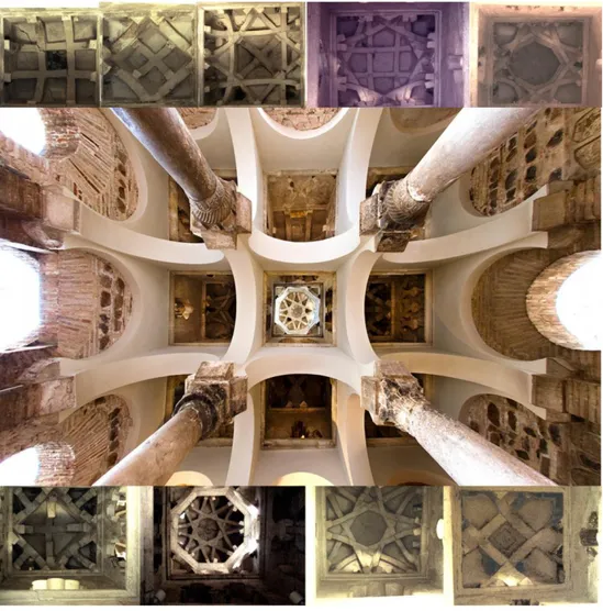 fig 4 Cristo de la luz, Toledo. Foto della copertura e ingrandimento delle nove piccole cupole che la 