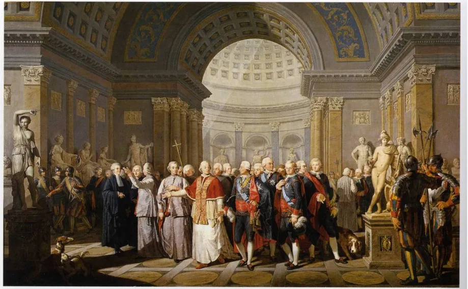 Fig. 5. Bénigne Gagnereaux, Pio VI accompagna Gustavo III di Svezia in visita al Museo Pio-Clementino, olio su tela, 1786 (Stoccolma,  Nationalmuseum) 