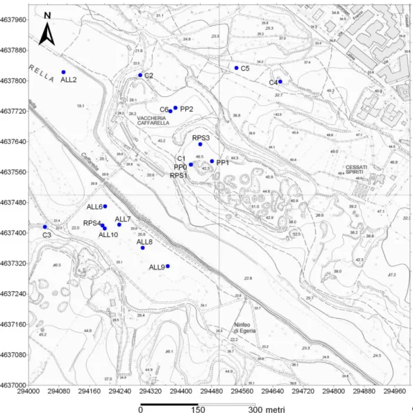 Figura 14. Punti di misura del soil radon in valle della Caffarella.