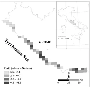 Figure 1.4. Map of residuals of alien richness after simple linear regression on native  richness  along  the  coast  of  the  Region  Lazio  (42°23’N,  11°39’E  to  41°11’N,  13°20’E)