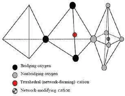 Figura 2.6: Rappresentazione di ossigeni ponte, non ponte e cationi formatoti e modificatori di struttura (modificata  da Mysen, 1988)