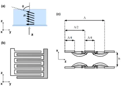 Figure 2.2: Top view of (a) the sample and (b) sketch of the patterned electrodes. (c) Side view of the electrodes with the field lines