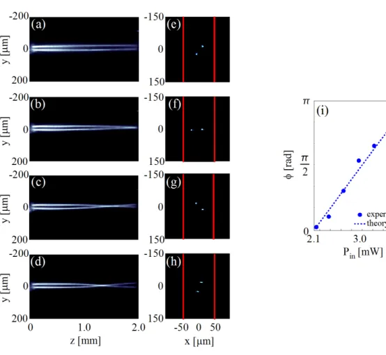 Figure 2.8: Experimental results on soliton spiraling: (a)-(d) propagation and (e)-(f) output profiles for various initial powers