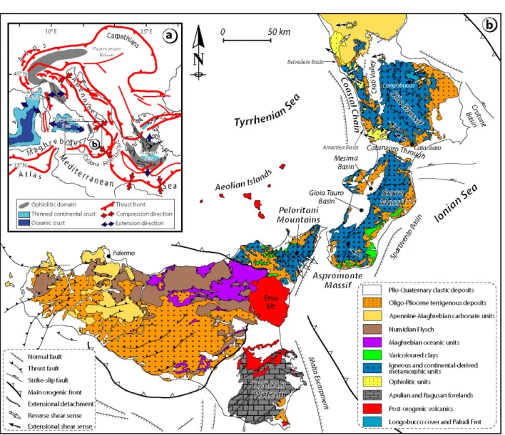 Figure 1 ‐ a) Schematic tectonic map of the central Mediterranean region illustrating the trend of the main Alpine thrust  fronts  and  the  location  of  back‐arc  extensional  domains  (modified  after  Jolivet  et  al.,  1998).  b)  Geological  map  of 