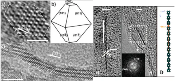 Figure 2.2: On the left, a) HRTEM image of a trizma-functionalized trunacated bipyrami- bipyrami-dal domain; b) proposed morphology of the anatase nanocrystal; c) a chain of nanoparticles forming an anatase nanowire in the [001] direction [57], scale bar 2