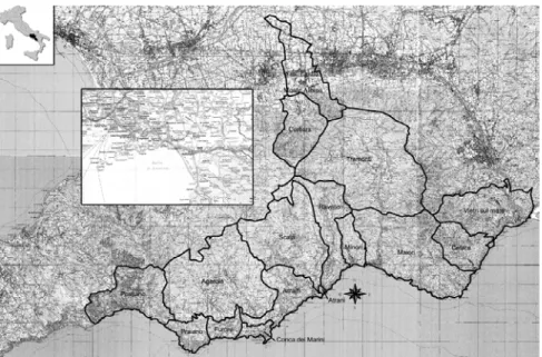 Fig. 1.1 Geographical position of Amalfi Coast and of the municipalities included in this research