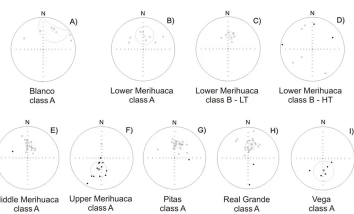 Fig. 4.7 - Equal area stereonets of mean remanence directions of the Toconquis Group units (a-I)