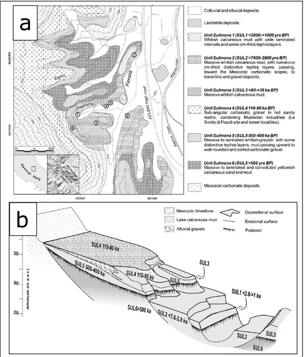 Fig. 4.1.3 – a) Geological map of the north-eastern sector of the Sulmona basin (numbers  refer to the main measured sections reported in Giaccio et al., 2009); b) Scheme of the  stratigraphic and geomorphological relationships between the six sedimentary 