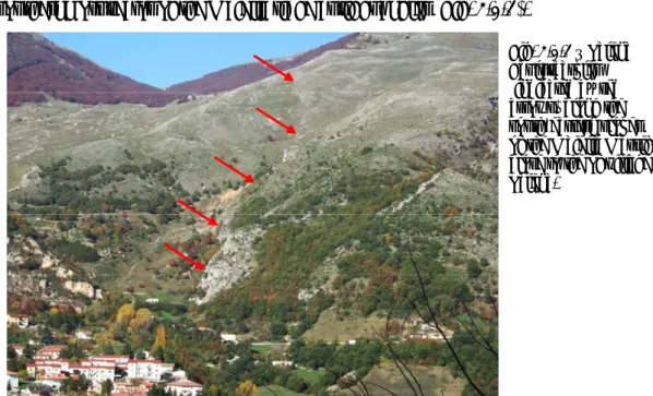 Fig. 4.2.3 – Palena  Fault scarplet  (indicated by red  arrows) along the  south-eastern slopes  of the Maiella Massif,  close to the of village  Palena
