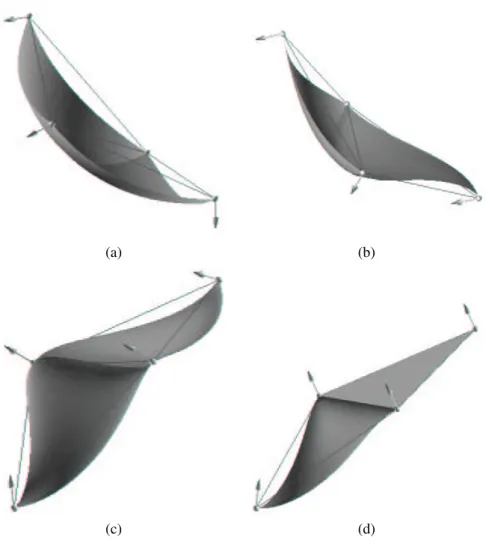 Figure 3.8: Two prism patches with different join configurations[Baj]: (a) two convex patches; (b) convex patch and a non-convex patch; (c) two non-convex patches; (d)  zero-convex (triangle) patch and a non-zero-convex patch.