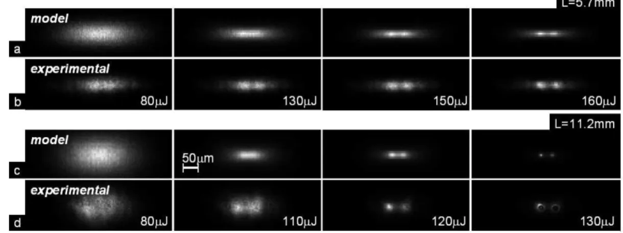 Figure 2.5: Propagation of an elliptically shaped beam launched at λ = 1064nm with size 15µm × 215µm: output profiles for propagation lengths of (a-b) 5.7mm and  (c-d) 11.2mm; (b) and ((c-d) are the experimental results, (a) and (c) are numerical simulatio