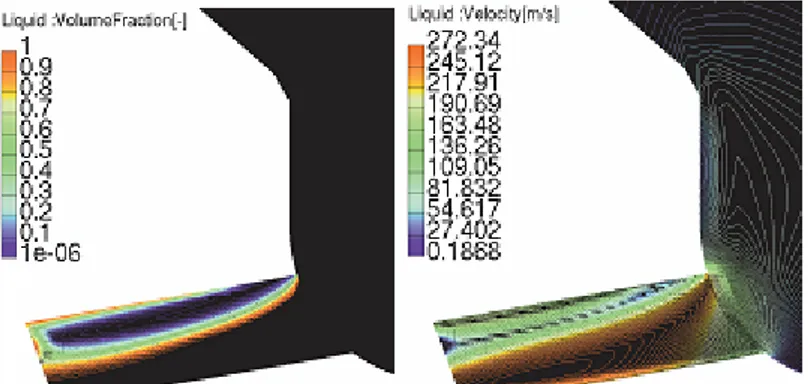 Figure 3.12: Left, Vapour/liquid volume fraction – 0.575 ms ASOI   Right, Injector flow velocity isolines - 0.575 ms ASOI 