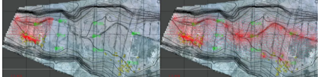 Figure 3.10 -  Velocity field for two frames of figure 7 (19 and 29 s): it is  worth noting how the inundation does not follow the thalweg at all, and  maintains a 1D dynamic with the exception of local flow between buildings