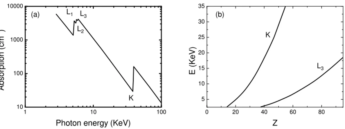 Figure 2.7: (a) Absorption coefficient evidencing the discontinuities associated to K-, L 1,2,3 - edges