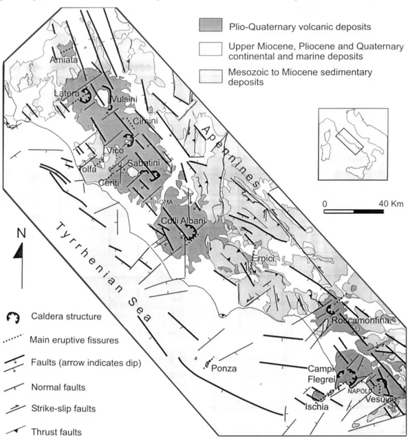 Fig. 3.1: Schema geologico-strutturale del margine tirrenico dell’Italia centrale (da Acocella &amp; Funiciello,  2002)