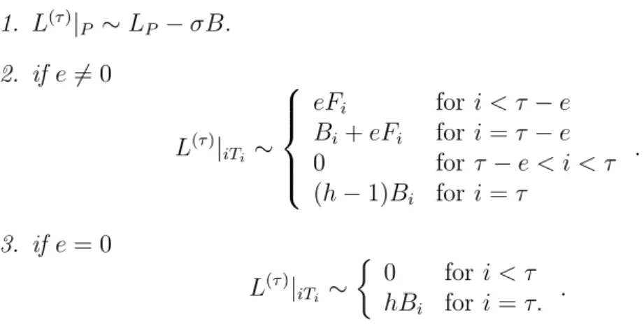 Figure 2.6 ): 1. L (τ ) | P ∼ L P − σB. 2. if e 6= 0 L (τ ) | iT i ∼     eF i for i &lt; τ − eBi+ eFifor i = τ − e0 for τ − e &lt; i &lt; τ (h − 1)B i for i = τ 