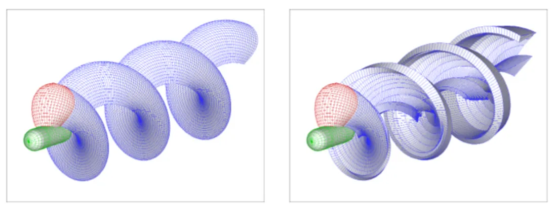 Figure 2.23: Trailing wake behind the INSEAN E779A marine propeller, J = 0.88. Prescribed wake model (left) and flow–aligned wake (right).