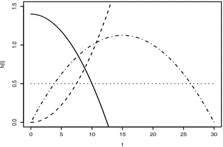 Figure 2.3: Shapes of hazard functions. Constant hazard (· · · · · · ), increas- increas-ing hazard (– – –), decreasincreas-ing hazard (———), humpshaped hazard (– · – · –)