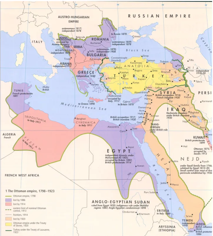 Figura 26. L’Impero Ottomano tra il 1798 e il 1923.  Fonte:  http://www.ottomansouvenir.com/General/maps_of_ottoman_empire.htm