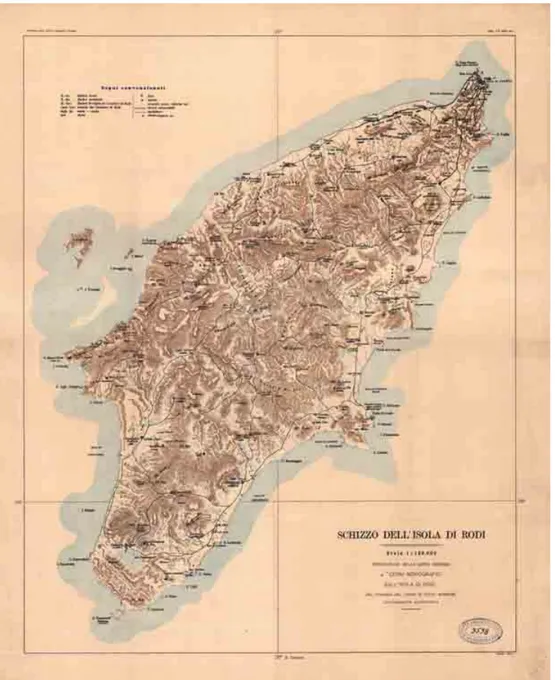 Figura 58 - Carta dell'Isola di Rodi – 1912 in  Comando della VI  Divisione Speciale  Cenni monografici sulle  Sporadi Meridionali occupate dalle truppe italiane durante la guerra italo-turca, Rodi (Egeo) 1912, Fonte: Società  Geografica Italiana, Roma.