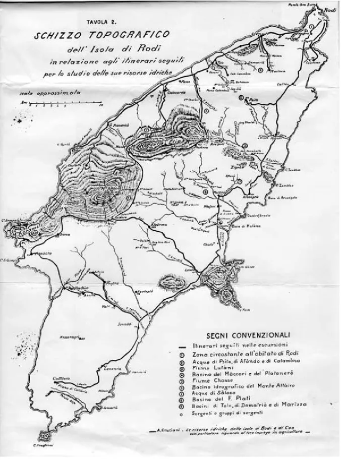 Figura 141. Schizzo topografico dell’Isola di Rodi in relazione agli itinerari seguiti da Alberto Cruciani per lo  studio delle risorse idriche dell’Isola