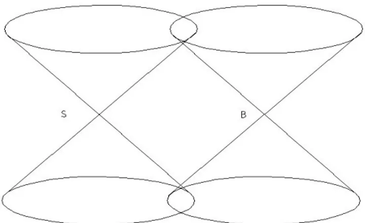 Figure 1 represents the light cones having as origins respectively the events “Alice performs  a measurement of spin-n on a” (S) and “b have a definite spin-n value” (B)