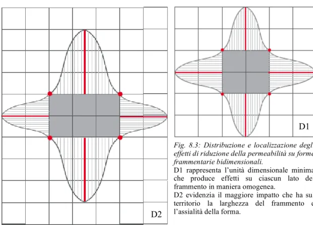 Fig.  8.3:  Distribuzione  e  localizzazione  degli  effetti di riduzione della permeabilità su forme  frammentarie bidimensionali