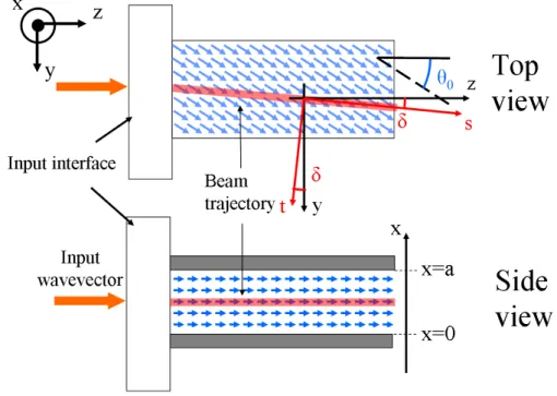 Figure 2.10: Extraordinary-wave propagation in a NLC cell for V = 0: beams are launched in x = a/2 and impinge normally to the input interface.