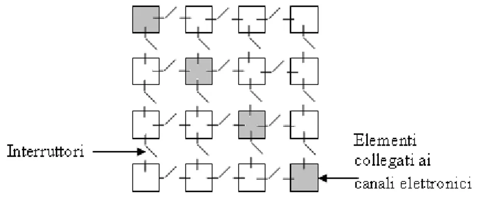 Fig. 1-11. Esempio di array riconfigurabile. Gli elementi in grigio sono  direttamente connessi ai canali elettronici