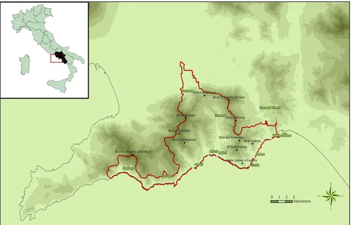 Fig. 2.1- Inquadramento geografico della Penisola Sorrentino-Amalfitana ed area di studio (in rosso)