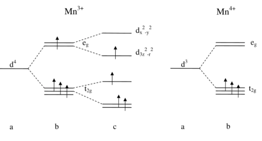 Figure 2.6: On the left, a) the 3d 4 five-fold degenerate M n 3+ electronic levels; b) 3d level splitting