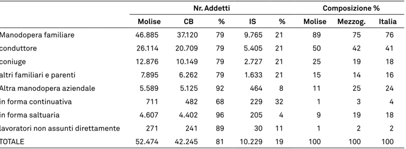 Tabella 5.16 - Numero di addetti per categorie di manodopera e composizione territoriale