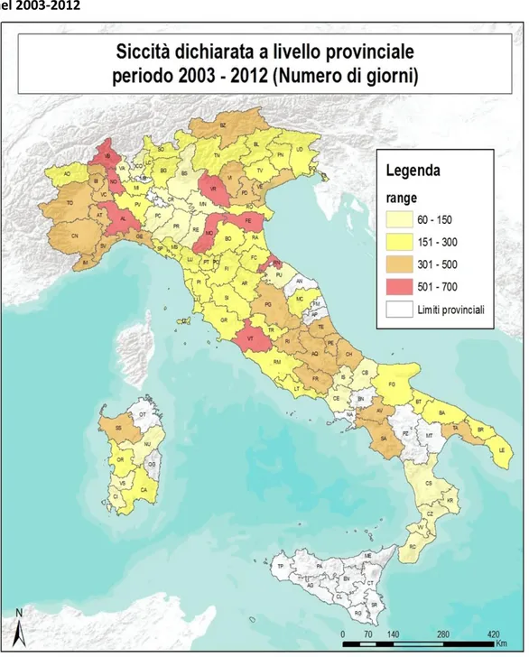 Figura 2.3 – Distribuzione geografica dell’esposizione alla siccità e danni riconosciuti associati  nel 2003-2012 
