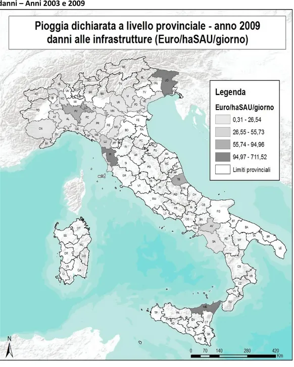 Figura 2.7 – Vulnerabilità alle piogge forti e prolungate e di natura alluvionale e relativi  danni – Anni 2003 e 2009 